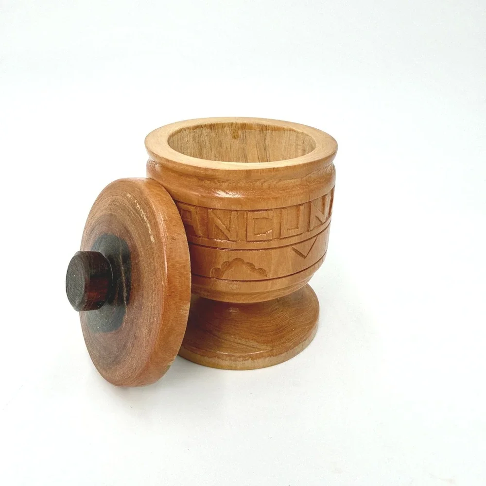 Vintage Hand Carved Wood Cancun Mexico Trinket Box Jar with‎ Lid Pedestal 4.5